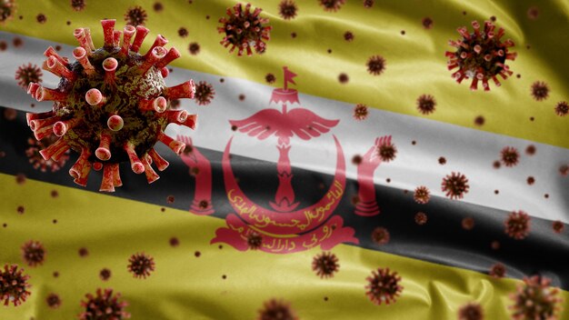 Bruneian wehende Flagge und Coronavirus-Mikroskopvirus