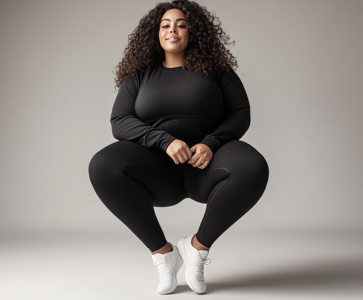 Foto bruneta megaobesa com leggings, camisola grande e tênis com cabelo encaracolado contra
