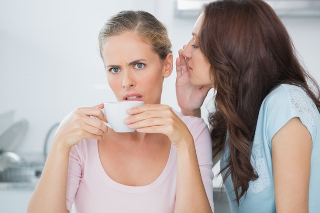 Brunette dizendo segredo a sua amiga enquanto toma café