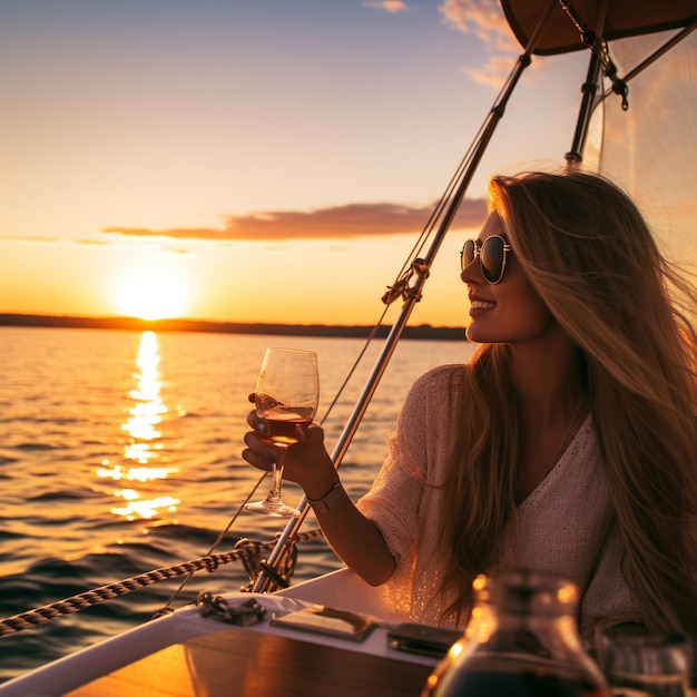 Brunette trinkt ein Glas Wein bei Sonnenuntergang in einer Yacht auf dem Wasser