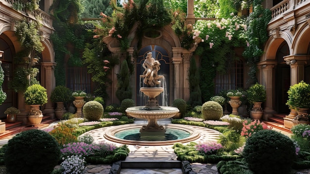 Brunnen in einem Vintage-Garten Wasser Sommerstrom Tropfen Wärme Schönheit Regenbogen Quadrat Stadt Erholung Geyser Münzen Marmor Quadrat Pool Turm generiert von KI