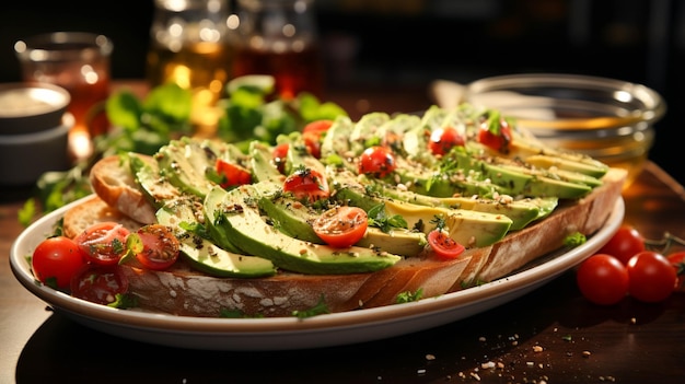 Bruschetta con aguacate y tomates en un plato sobre fondo de mesa blanca