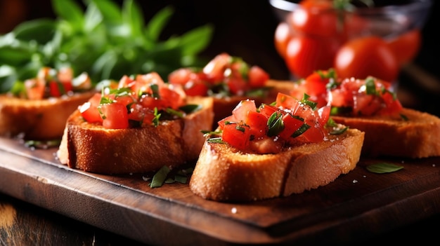 Bruschetta Un aperitivo tradicional italiano que consiste en pan a la parrilla frotado con ajo.