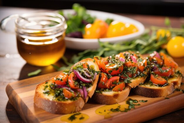 Bruschetta bañada en miel con una colorida guarnición de hierbas cerca