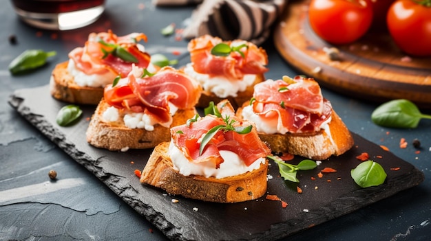 Bruschetta com bacon baguete ou queijo creme de carne Generative Ai