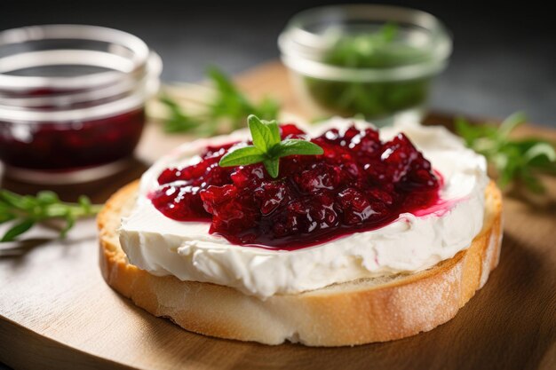 Bruschetta com geléia de framboesa e camembert na tábua de madeira Vista superior Ilustração generativa de IA