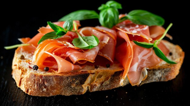 Foto bruschetta com presunto e manjericão