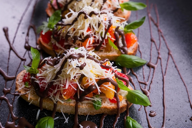 Bruschetta de parmesão e chocolate com folhas de manjericão