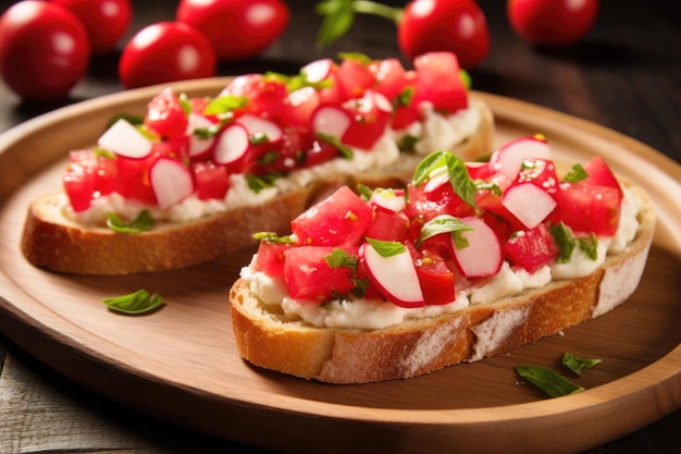 Bruschetta de rabanete recentemente preparada num prato de cerâmica