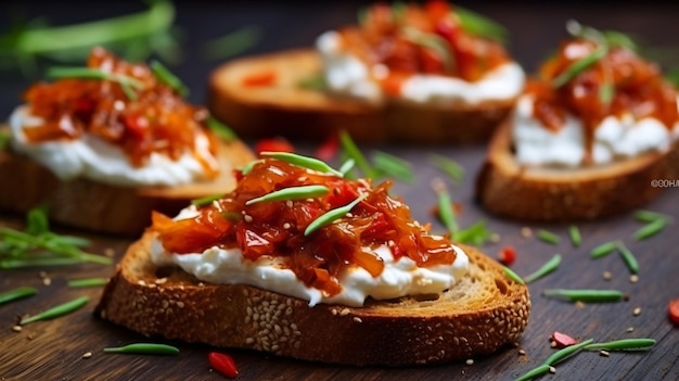 bruschetta de trigo com cream cheese e assada