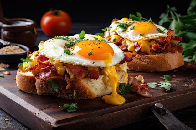 Bruschetta de desayuno con tocino, huevo y queso