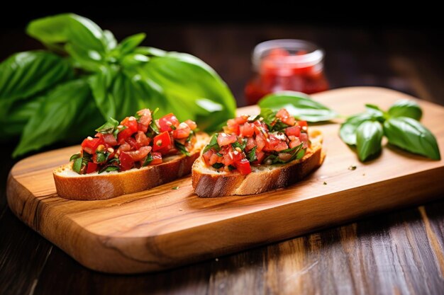 Bruschetta em uma tábua de madeira cercada por folhas frescas de manjericão