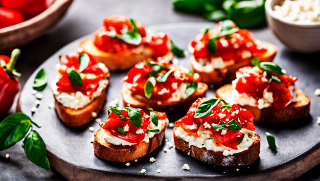 Bruschetta Extravaganza Gourmet Pimienta roja asada y Ricotta Delight