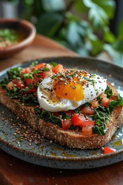 bruschetta con huevo escalfado con acelgas y espinacas en un plato sobre la mesa