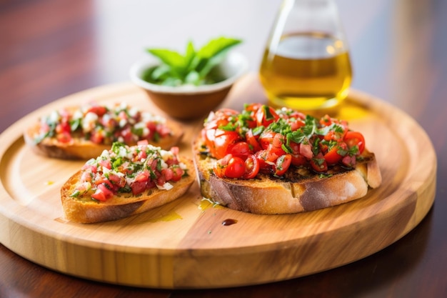 Foto bruschetta individual en un plato de madera con un pequeño molde de aceite de oliva