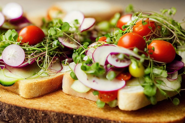 Bruschetta italiana vegetariana com pão pepinos tomate e manjericão