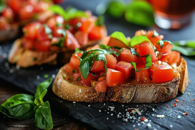 Bruschetta manjericão tomate sanduíche lanche legumes refeição saudável comida lanche dieta na mesa