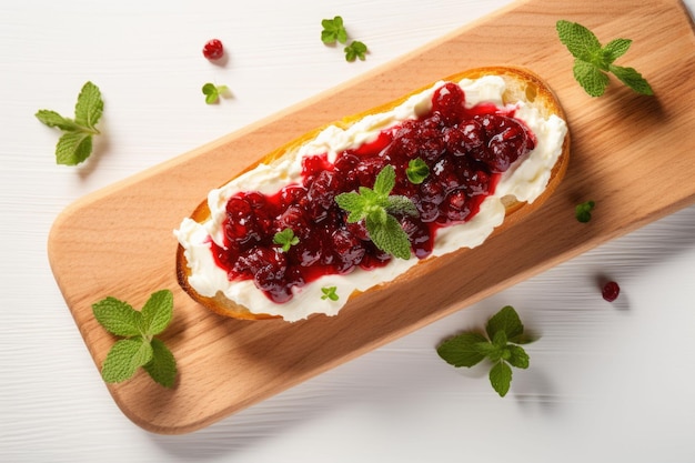 Bruschetta con mermelada de frambuesa y camembert sobre tabla de cortar de madera Vista superior Ilustración generativa de IA