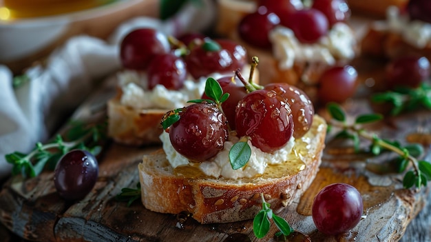 Foto bruschetta con miel de feta batida y uvas asadas en rebanadas de baguette tostadas