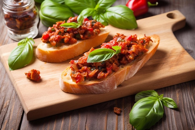 Bruschetta mit halbgetrockneten Tomaten und Basilikum auf dem Küchenbrett Illustration AI Generative