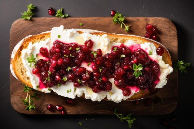 Foto bruschetta mit himbeermarmelade und camembert auf holzschneidebrett draufsicht generative ki-illustration