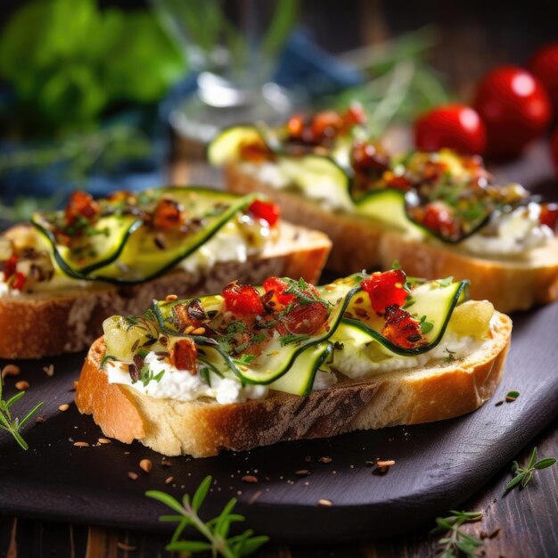 Bruschetta mit Tomaten, Kräutern und Butter auf gebratenem Knoblauch-Käse-Brot