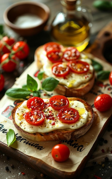 Bruschetta mit Tomaten, Mozzarella-Käse und Kräutern auf dem Schneidebrett