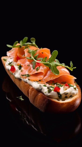 Bruschetta con salmón y verduras aisladas sobre un fondo blanco