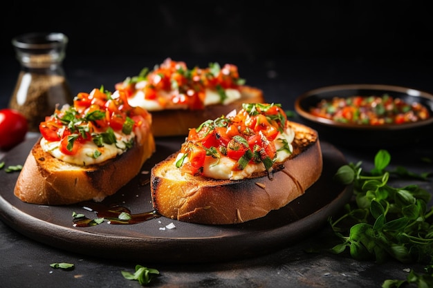 Bruschetta servida com um copo de vinho em uma mesa no pátio