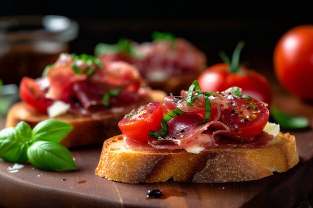 Bruschetta con tomate, albahaca y aceite de oliva sobre fondo rústico