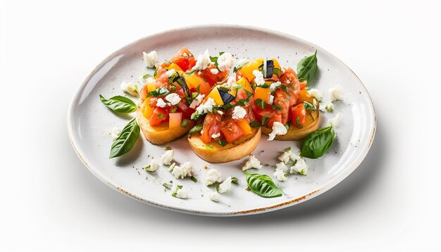 Bruschetta con tomates y albahaca en un plato aislado sobre un fondo blanco IA generativa