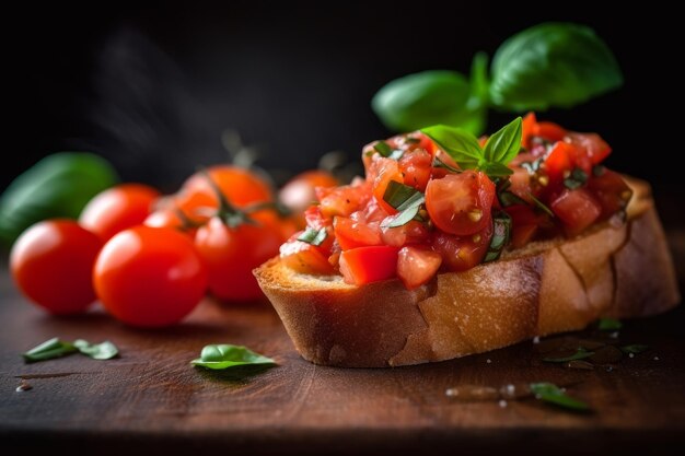 bruschetta con tomates frescos y albahaca sobre pan tostado