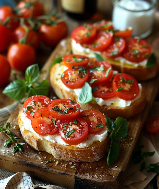 Bruschetta con tomates, queso mozzarella y hierbas en la tabla de cortar