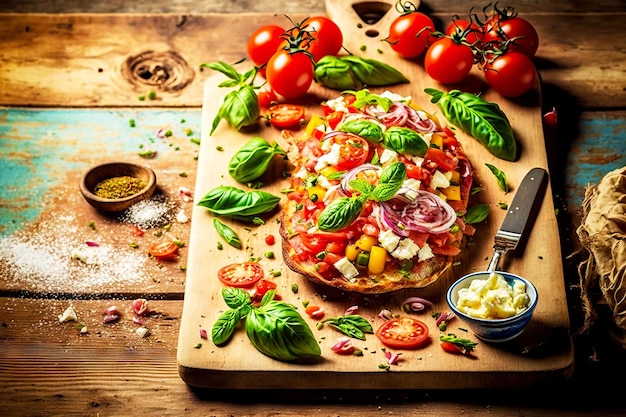 Foto bruschetta de verduras y carne sobre mesa de madera cocina italiana