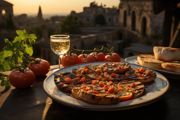 Foto bruschetta von tomaten auf einer terrasse mit blick auf die ruinen von pompeji generative ia