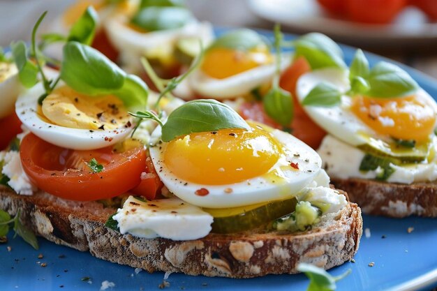 Bruschettas sabrosas con huevos y verduras en un plato azul