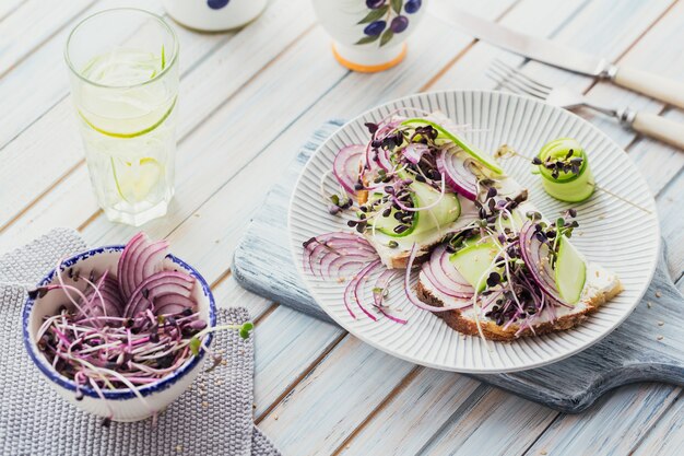 Bruschettas vegetarianas saludables con pan, micro verduras, queso, pepinos y cebolla morada