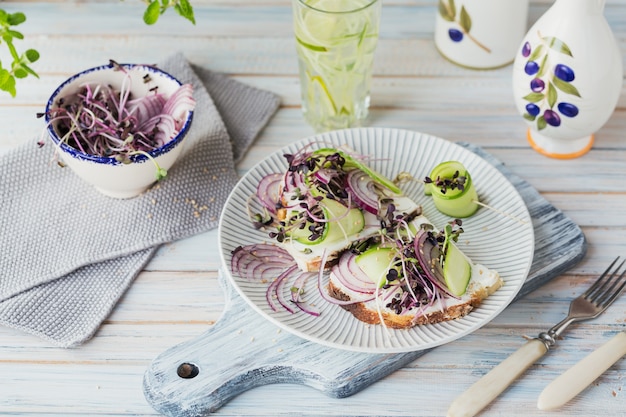 Bruschettas vegetarianas saludables con pan, micro verduras, queso, pepinos y cebolla morada