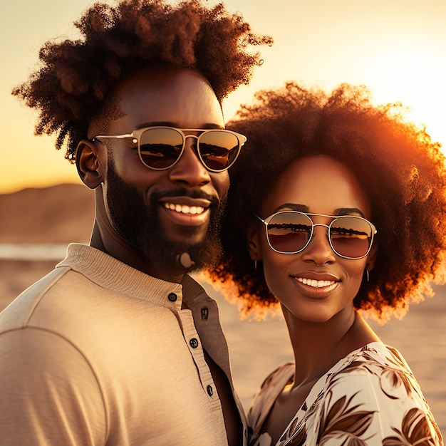 Brustbild stock photography Porträt von Afro behaarten Mann und Frau mit Sonnenbrille lächelnd am Strand bei Sonnenuntergang im Urlaub Ai generierte Kunst