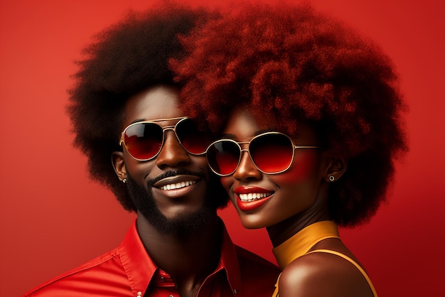 Brustbild stock photography Porträt von afrohaired Mann und Frau mit Sonnenbrille lächelnd roten Hintergrund Ai generierte Kunst