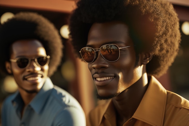 Brustbild stock photography Porträt von zwei afrohaired Männer mit Sonnenbrille lächelnd auf einer Bar-Terrasse Ai erzeugte Kunst