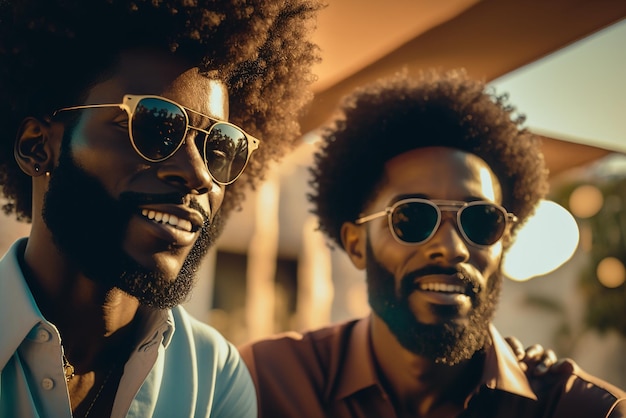 Brustbild stock photography Porträt von zwei afrohaired Männer mit Sonnenbrille lächelnd auf einer Bar-Terrasse Ai erzeugte Kunst