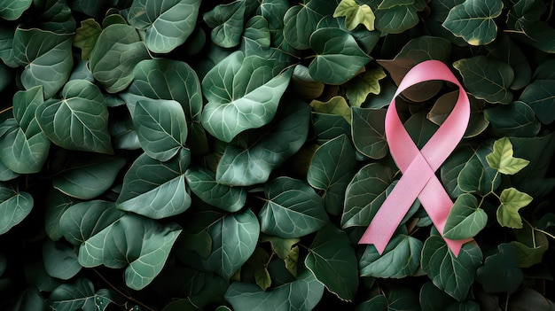 Foto brustkrebsbewusstseinssymbol rosa band auf blättern gesundheits- und medizinkonzept