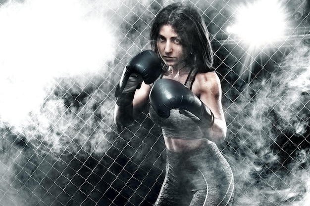 Foto brutal luchador boxeador mujer cerrar concepto deportivo