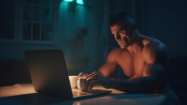 Brutaler athletischer kaukasischer Mann ohne Hemd im weißen Unterhemd mit Laptop-PC am späten Abend im Heimbüro, erzeugt durch ein neuronales Netzwerk