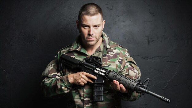 Brutaler Mann in militärischer Tarnuniform mit einem Sturmgewehr