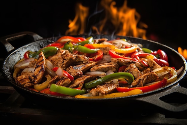 Brutzelnde Fajitas in einer heißen Pfanne