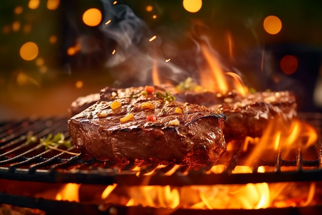 Brutzelnde Fleischsteaks, die auf einem Grill mit Flammen gegrillt werden