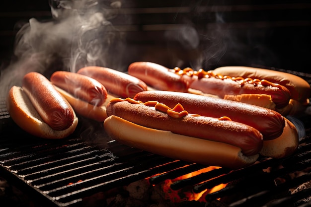 Brutzelnde Hot Dogs auf dem Grill bereit zum Servieren