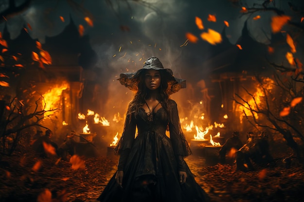Bruxa africana em vestido gótico faz feitiço de fogo no antigo castelo conceito de Halloween